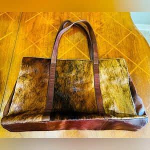 XTRA LG Hair On Genuine Leather Cowhide Brown Tote Bag L 22”xH 15 1/2”xD 61/2”
